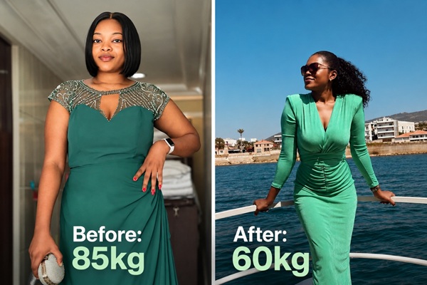 Imagen que muestra a Ann Mbene, fundadora de HueBeautyGlam, con 85 kg y 60 kg durante su viaje de pérdida de peso en Mounjaro.