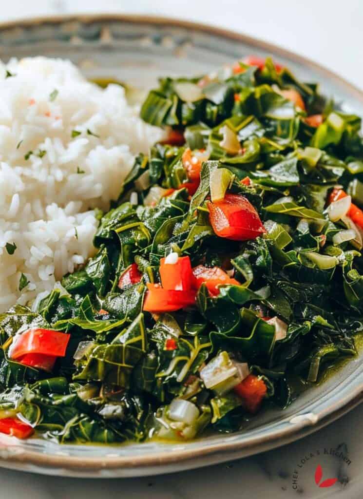 Una abundante porción de Callaloo jamaicano, un alimento básico de la cocina caribeña.