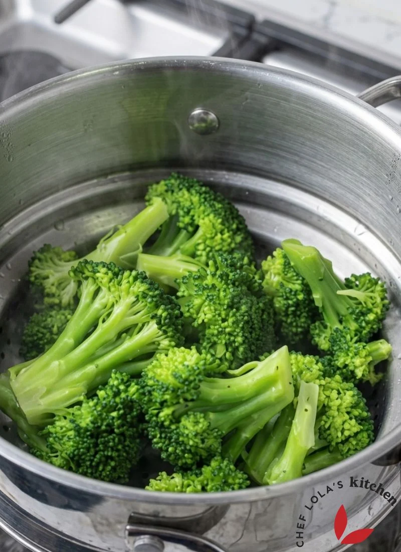 Floretes de brócoli cocinados en una canasta vaporera para una guarnición rápida de verduras.