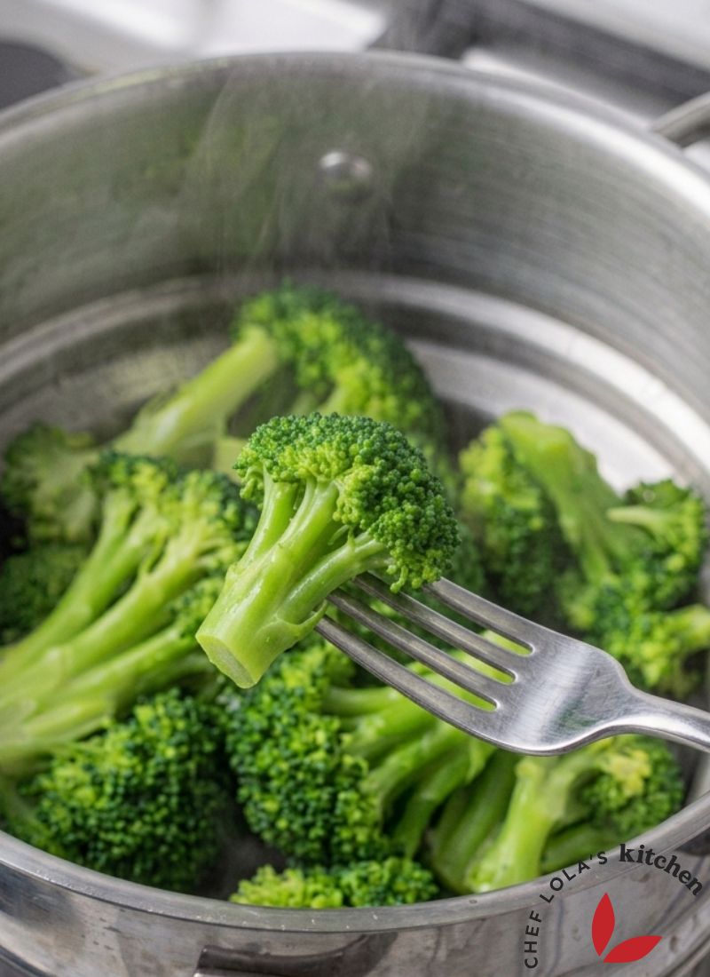 Primer plano de brócoli fresco cocinado al vapor hasta obtener una textura verde vibrante y crujiente.