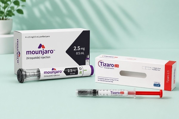 Imagen que muestra los medicamentos originales para bajar de peso, Mounjaro y Tizaro, disponibles en HueBeautyGlam, Lagos, Nigeria.