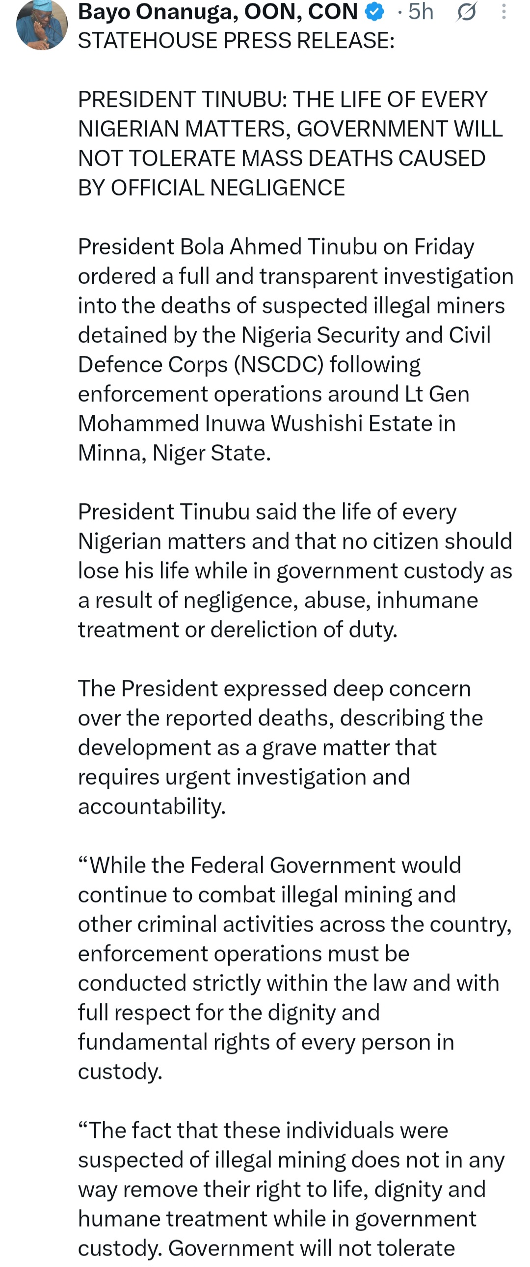 Tinubu ordena procesar a los funcionarios vinculados con la muerte de mineros bajo custodia del NSCDC