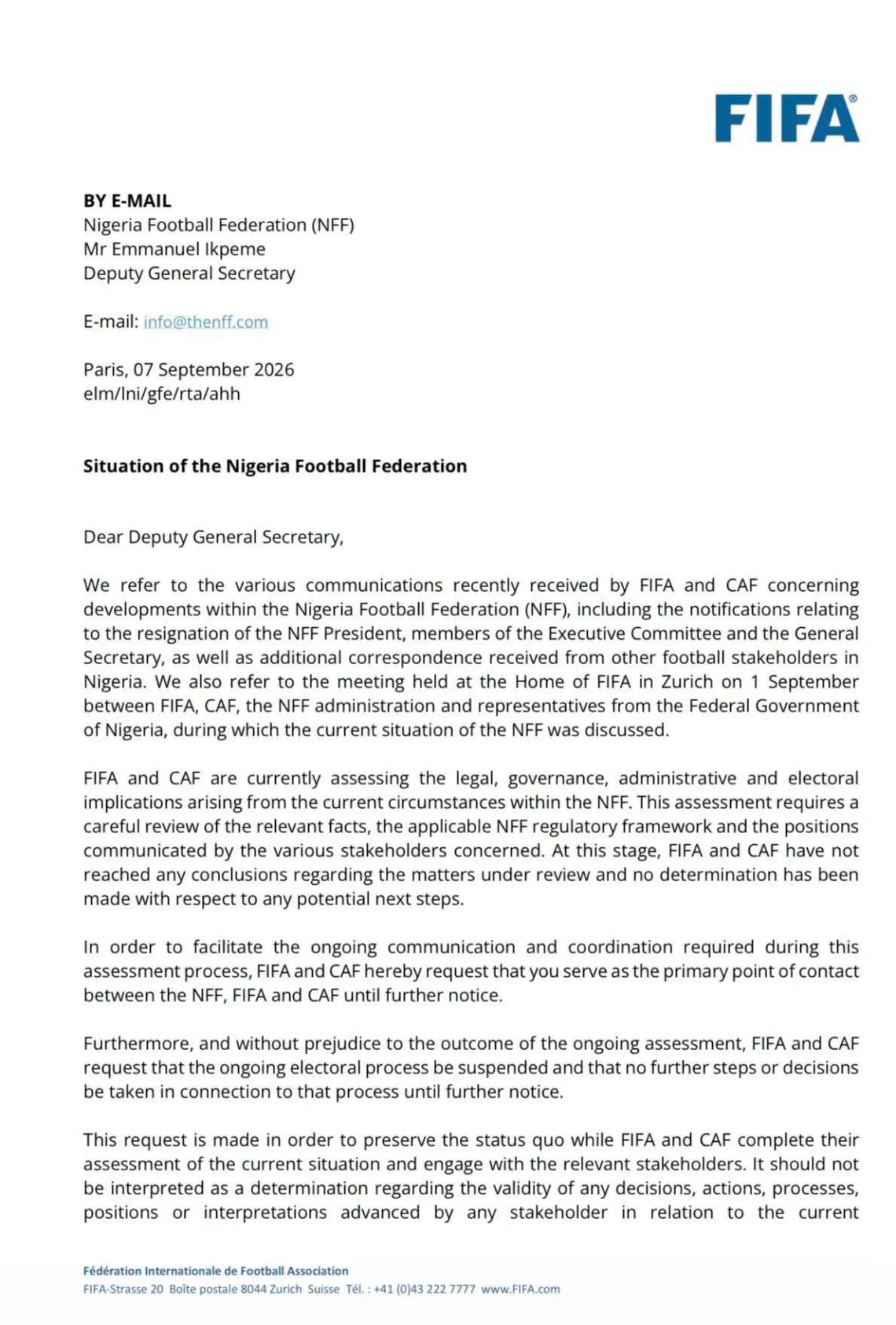 La FIFA y la CAF ordenan la suspensión de las elecciones de la NFF mientras planean una misión conjunta a Abuja