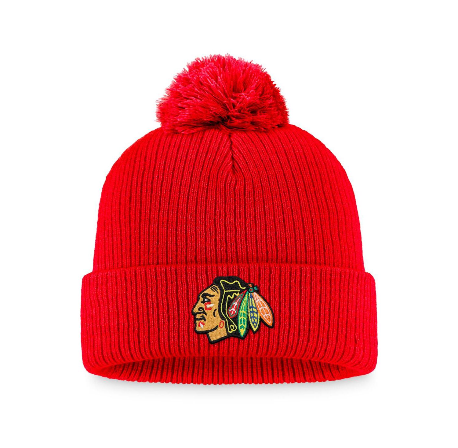 Fanatics - Gorro de punto rojo con logo principal de los Chicago Blackhawks Core para hombre, puño y pompón rojo