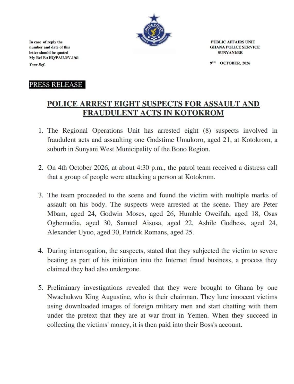 Ocho nigerianos arrestados en Ghana por agredir a un hombre de 21 años como parte de una “iniciación” de fraude en Internet