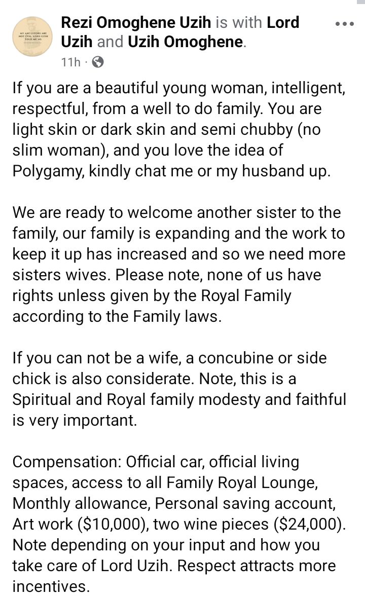 "Ninguna feminista" - Mujer nigeriana busca esposa, concubina o novia para su marido