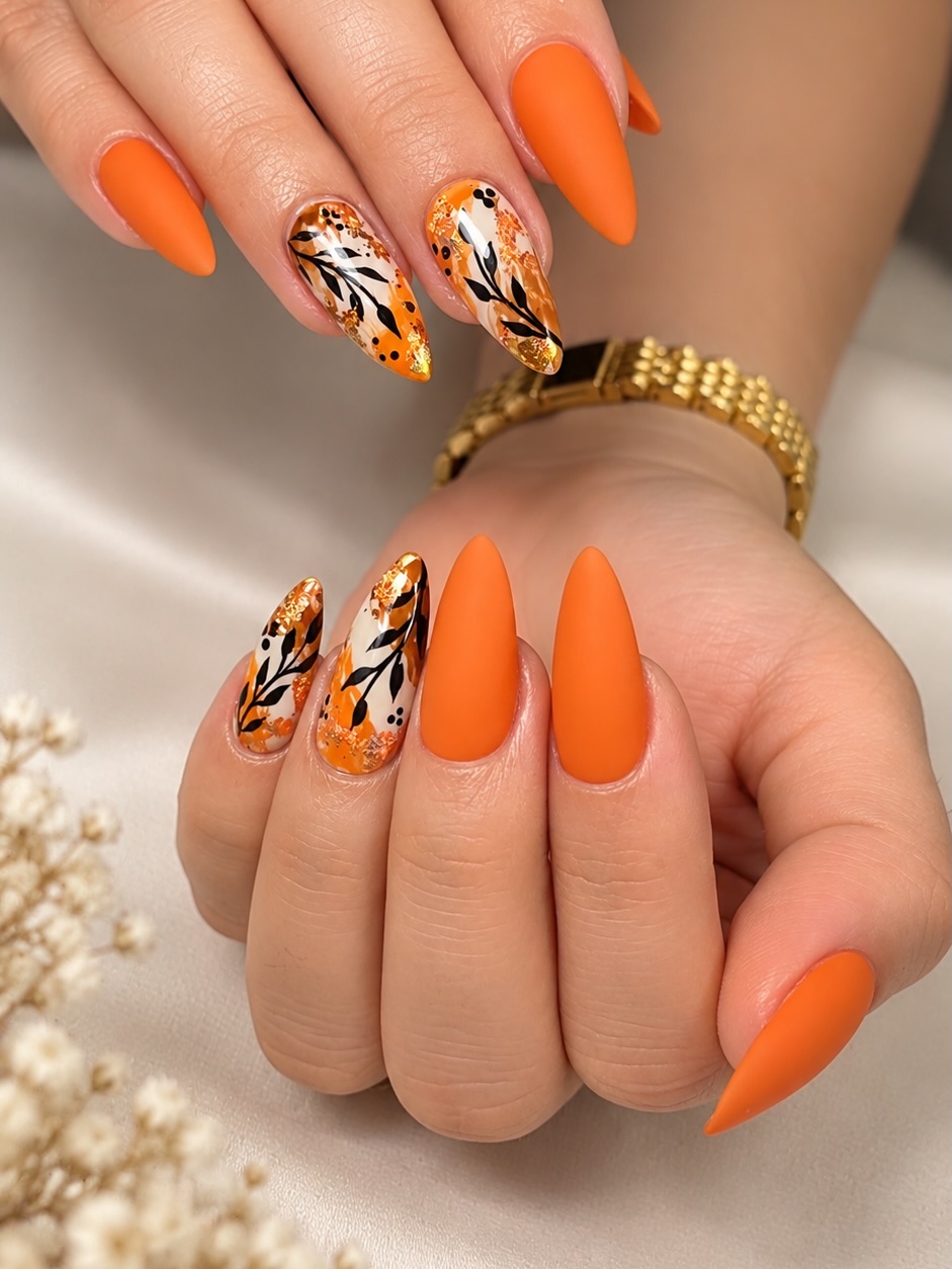 Diseños de uñas de color naranja quemado.