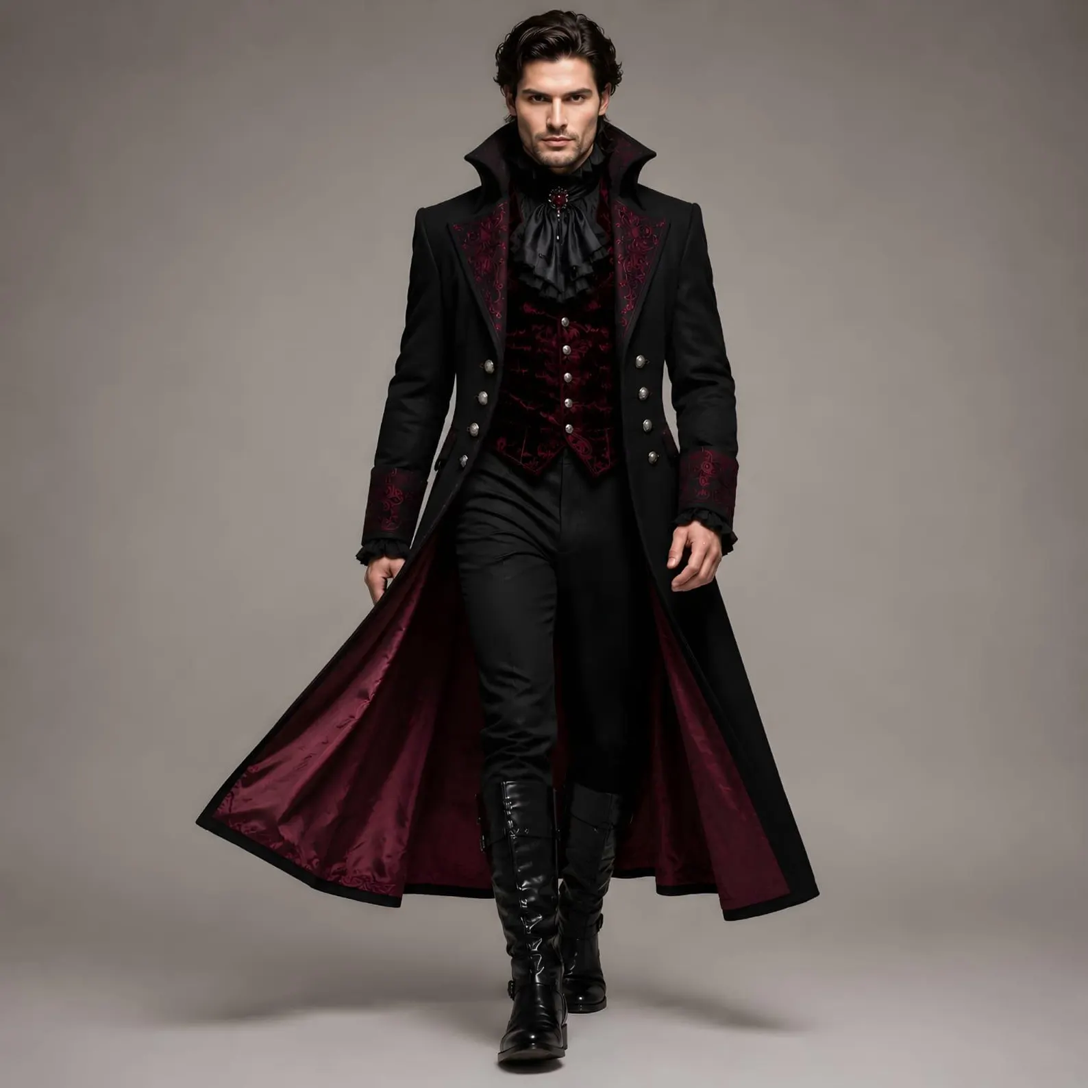 Hombre con chaqueta de terciopelo verde con cuello con volantes y corbata con disfraz de poeta gótico de Halloween